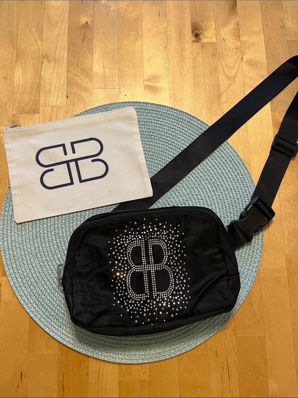 BB Crystal Accent Black Crossbody Belt Bag and Canvas Makeup Pouch